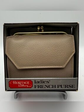 Vintage HERITAGE LEATHER French Purse Brown Leather Wallet-New in Box Taupe/Tan
